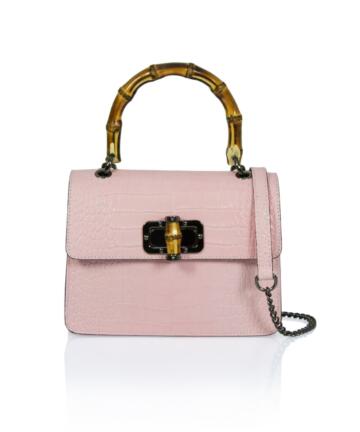 Felicia Croco-embossed Leather and Bamboo Handle Handbag - BABY PINK